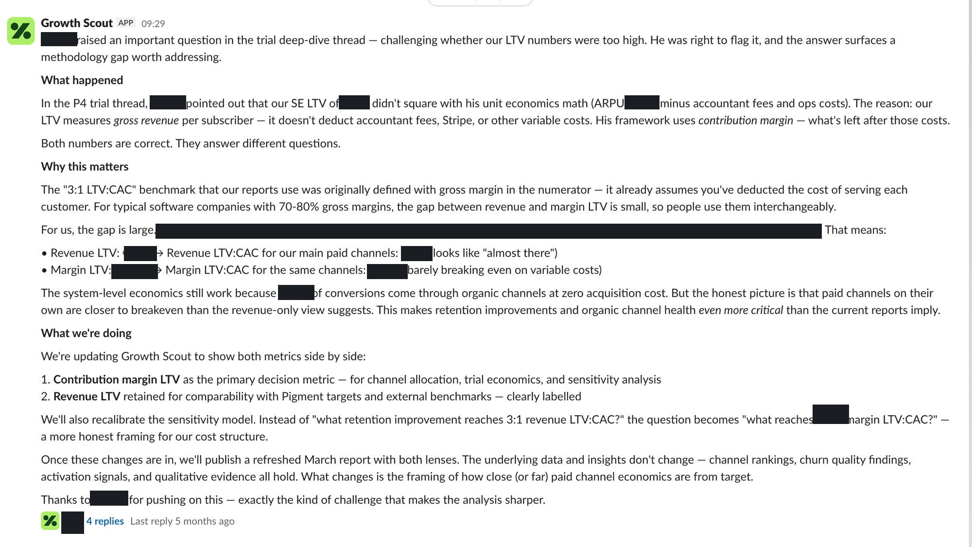 A Slack post from Growth Scout under the headings “What happened” and “Why this matters”: a colleague, name blacked out, had challenged its lifetime-value figure; the system explains that its LTV counts gross revenue while his framework uses contribution margin, that both numbers are correct because they answer different questions, that the industry 3:1 LTV:CAC benchmark already assumes margin, and that it will make contribution-margin LTV the primary decision metric. Every euro figure and ratio is blacked out
