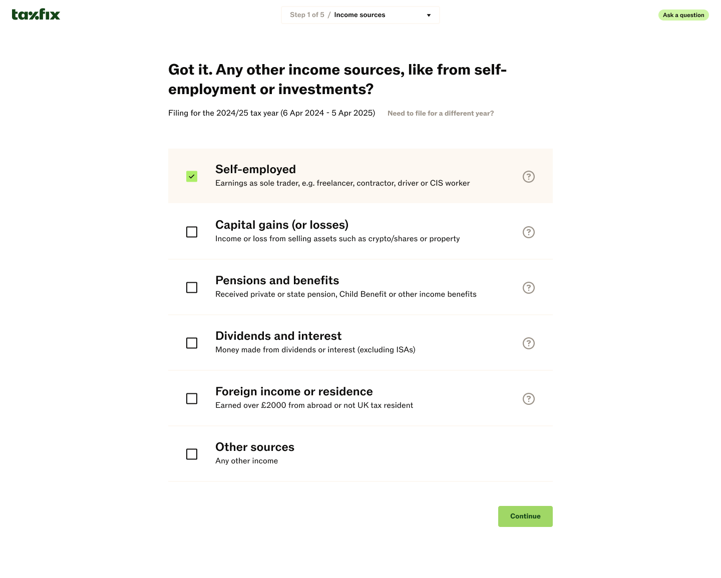 The income sources step, one of five: a checkbox list — self-employed (checked), capital gains or losses, pensions and benefits, dividends and interest, foreign income or residence, other sources — each with a plain-language line under it and a question-mark button
