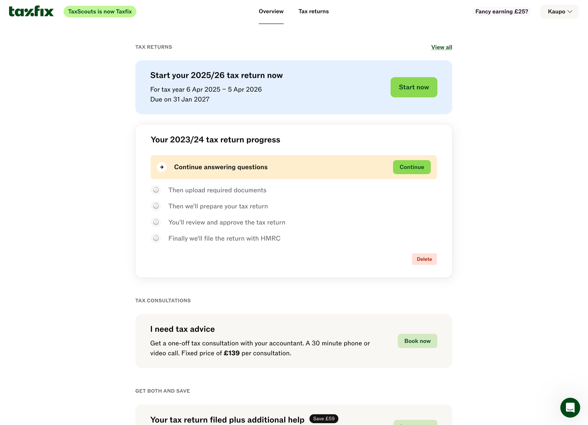 The Taxfix overview: a card offering to start the 2025/26 return, the 2023/24 return in progress with one lit step, Continue answering questions, above four greyed steps, and below them the tax consultation and bundle offers