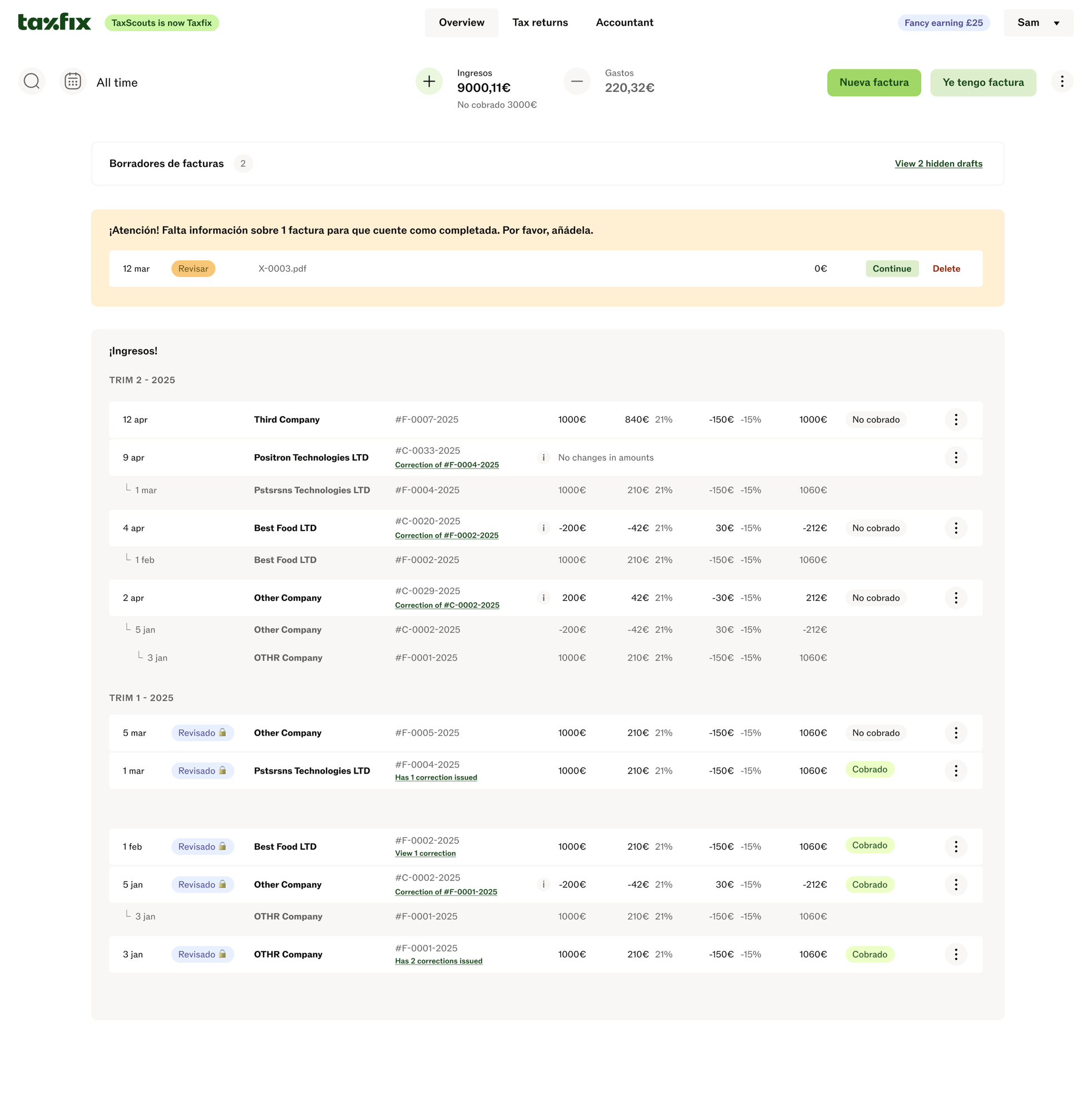 The Spanish bookkeeping product: an invoice list grouped by quarter, with corrections indented under the invoices they correct, reviewed rows marked Revisado and locked, and a banner saying one invoice is missing information