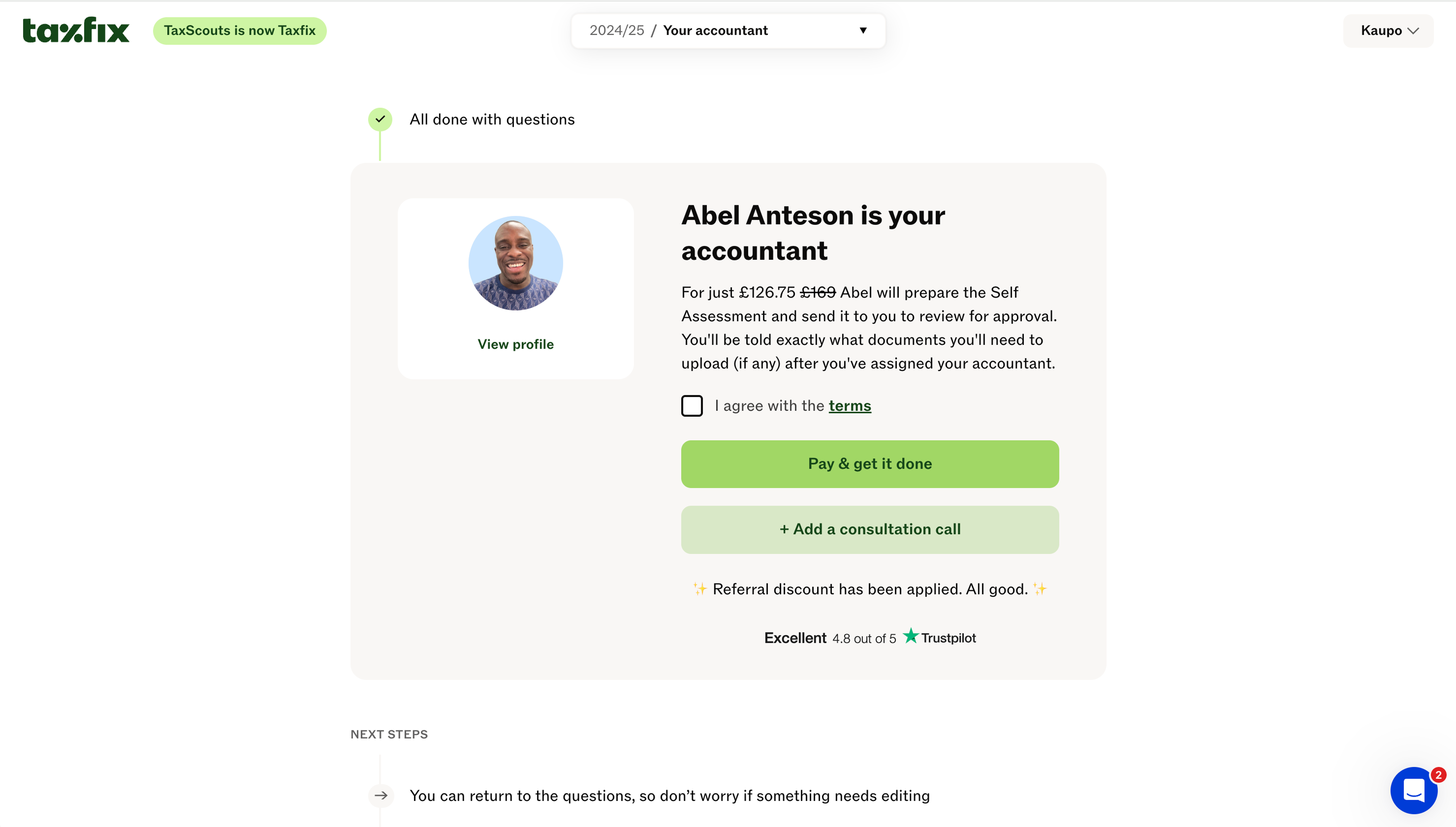 The same accountant match after the rebrand: the Taxfix logo with a TaxScouts is now Taxfix badge, the same selector and card now on warm grey, headings in Taxfix’s serif-flavoured type, the same price and terms checkbox, a light green Pay & get it done button and a paler green Add a consultation call button, the referral line and the Trustpilot rating