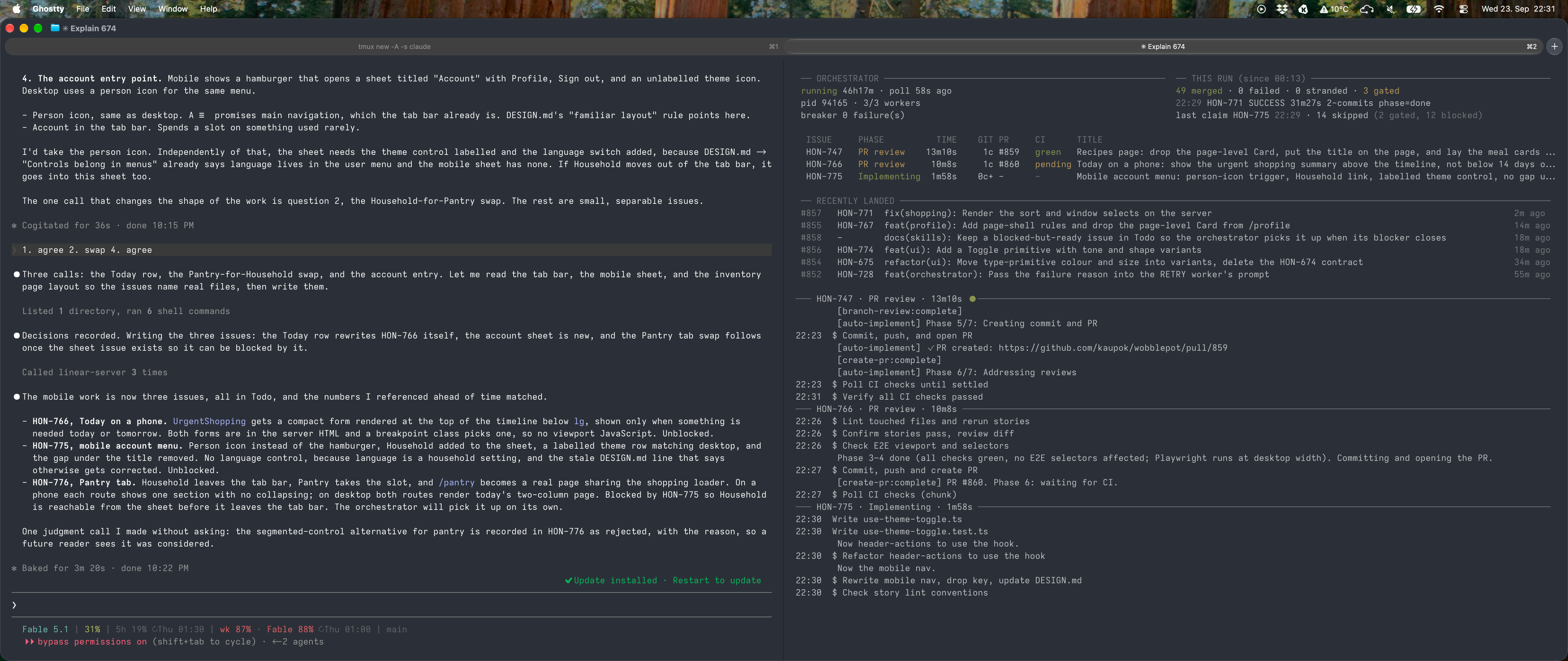 Terminal with two panes: on the left a Claude Code session laying out interface calls for Wobblepot's mobile navigation, hamburger against person icon and a Household-for-Pantry tab swap, my reply of five words, agree, swap, agree, and the three Linear issues it then wrote; on the right the orchestrator's status: three of three workers busy, 49 merged and none failed in this run, two issues in PR review with CI green and pending and one being implemented, the pull requests merged in the last hour, and a live log of each worker's steps