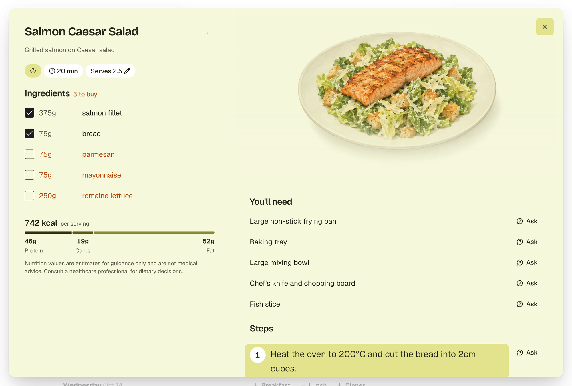 A Wobblepot recipe, salmon Caesar salad, open over the plan: 20 minutes, serves 2.5, five ingredients with salmon fillet and bread ticked and parmesan, mayonnaise and romaine lettuce in orange as the 3 to buy, 742 kcal per serving with a protein, carbs and fat bar and a note that nutrition values are estimates; on the right the plate, a You’ll need list of five tools each with an Ask button, and the first step, heat the oven to 200°C and cut the bread into 2cm cubes, highlighted